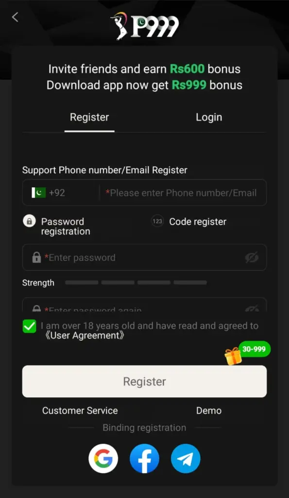 Register Account on P999 Game App
